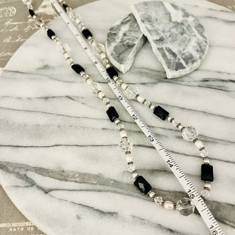 Glass Beaded Necklace Clear Faceted with Black‎ Accent Beads Simple Classic